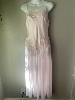 Sheer Lace-Trim Long Slip Nightgown - Blush Pink